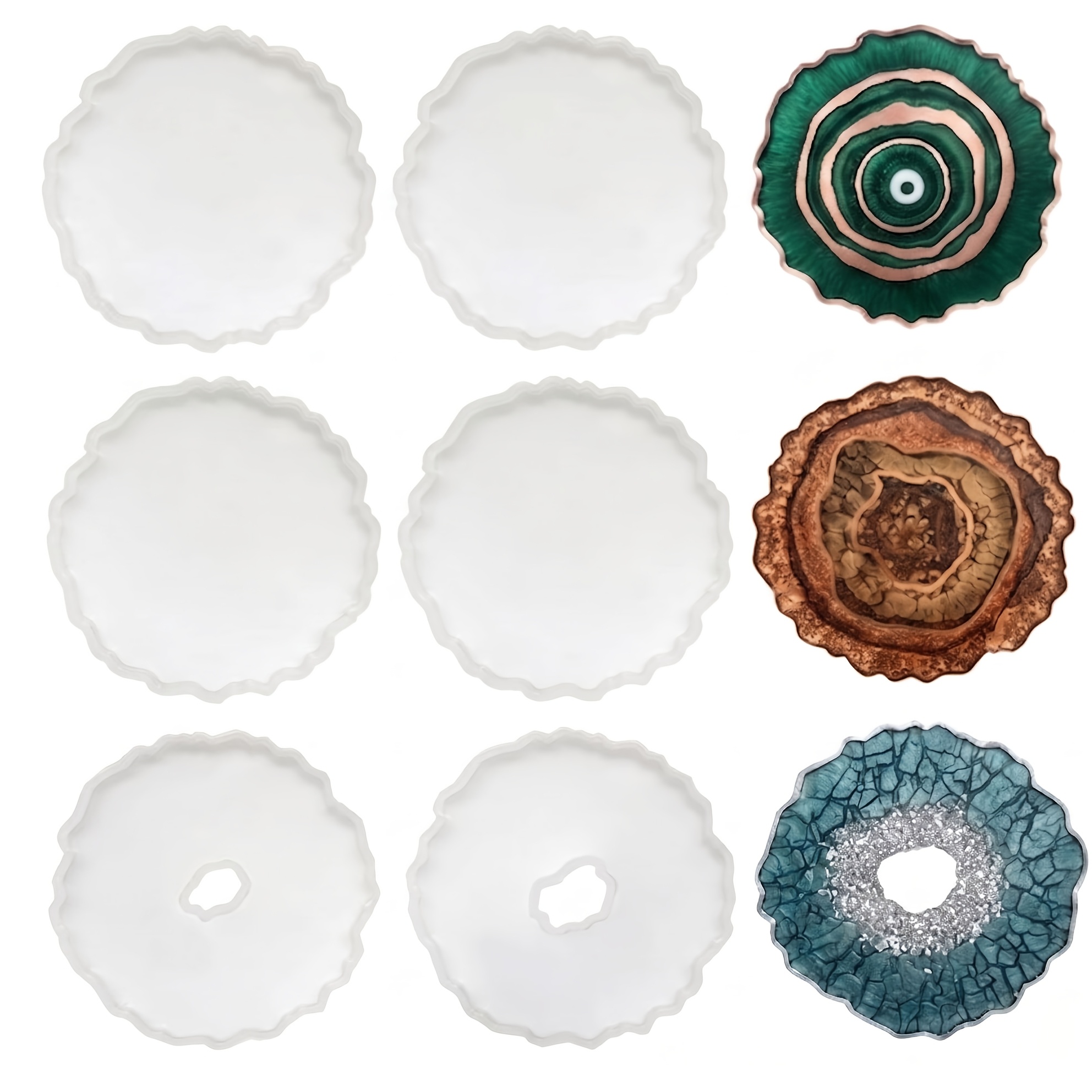 Geode Mold Silicone - 6個入り不規則な瑪瑙ジオードコースターシリコンモールド、ドゥルージークリスタル中空円形エポキシ樹脂鋳造モールド、カップマット、ホームデコレーション、レジンアートクラフト製作用品